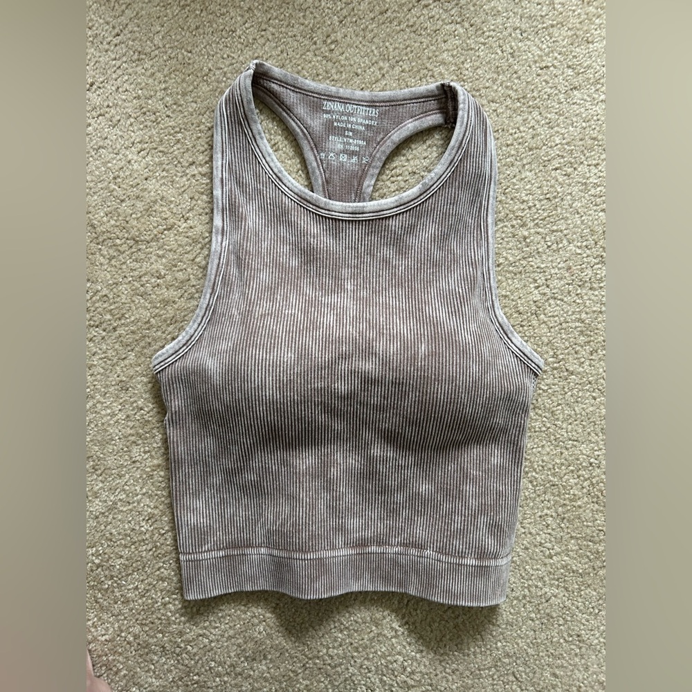 Zenana Ribbed Racerback Crop Tank in Taupe